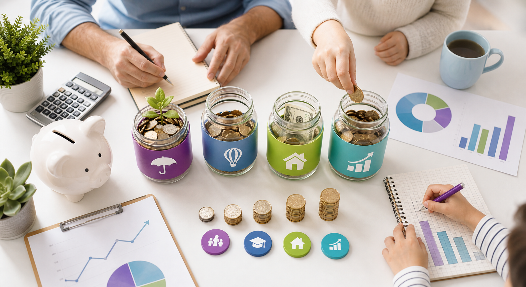 Family budgeting jars and savings goals desk