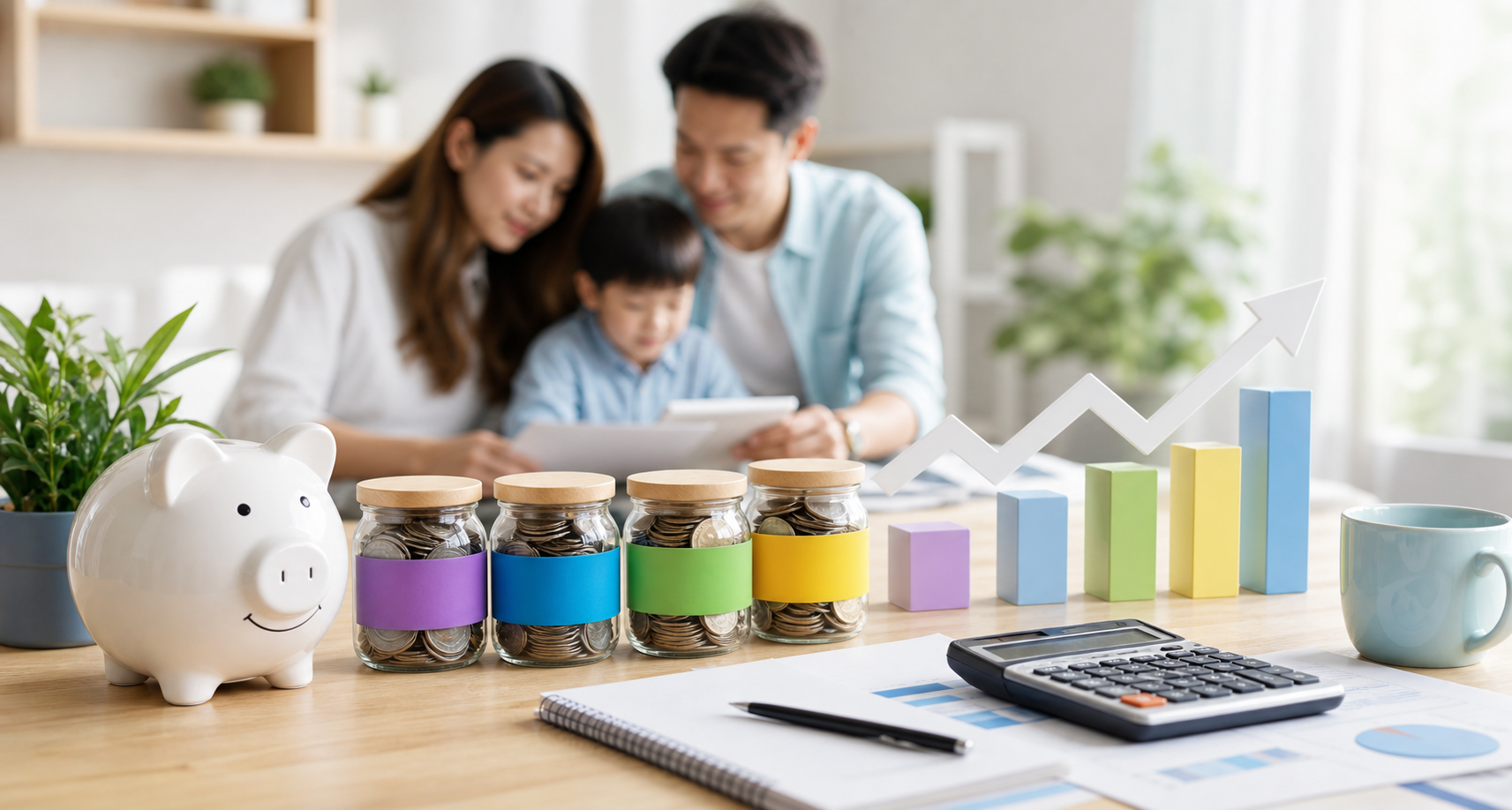 Personal savings planning desk with piggy bank and charts